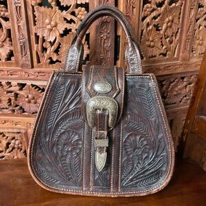 Vintage American West Western Tooled Leather Floral Satchel Tote Handbag Dark